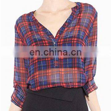 Top grade women casual blouse designs/plaid shirt