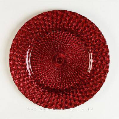 13 Inch Wholesale Tableware Red Colored Peacock Glass Charger Plate For Restaurant Dinner Tray Dish Wedding Sets