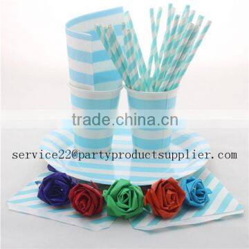 Supplier Of Baby Blue Striped Straw Plate Cup Napkin