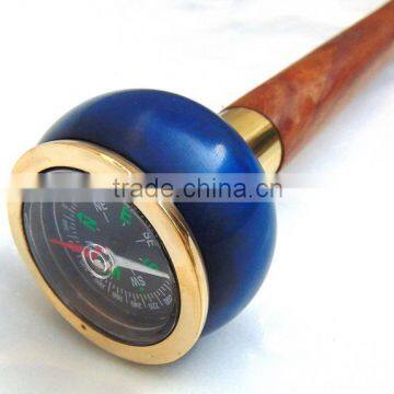 Antique nautical brass walking stick/Blue color compass handle walking stick/ Brown wood walking stick wk1115