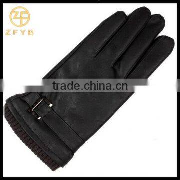 ZF5610 Mens knitted cuff black PU leather glove with buckle