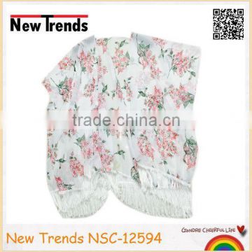 Floral printing white chiffon kimono summer shawl