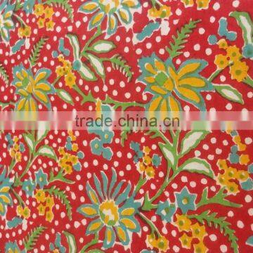 Flower print red and green color wooden Hand block fabric Jaipur sanganeri supplier and exporter