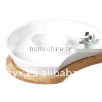 Porcelain Chip-dip Tray On Bamboo Base