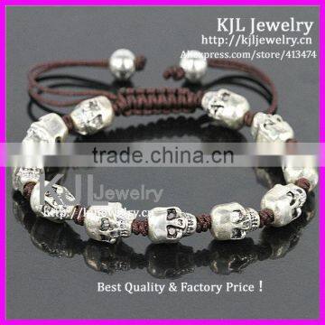 KJL-A0259 wholesale silvrt skull beads finding macrame bracelet,fashion charm cool mens braiding bracelet