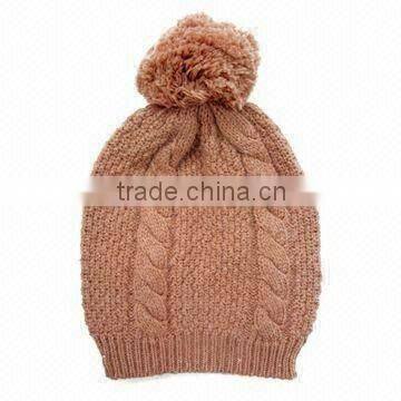 womens brown knitted cable bobble cap with pom pom