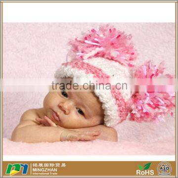 Baby Girl Hat Soft White and Pink with Big Pom Pom Puffs for 0-12 Months