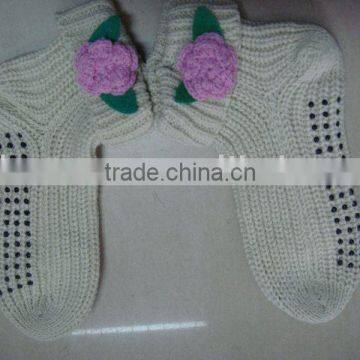 White handmade floor socks with pink flowers