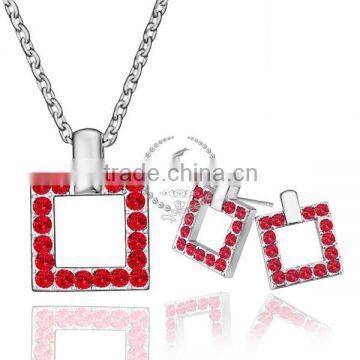 18KRG platinum plated rhinestone crystal red square pendant charm DIY supplies earrings and necklace jewelry set PS188