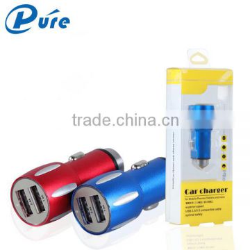 Quick dual usb charger,universal 2 port phone car charger 5V/2.1A/3.1A with safety hammer