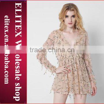 Wholesale fashion stock gold spangle long sleeves ladies jumpsuit sexy woman dress