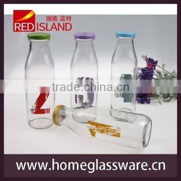 Digital design glass milk bottle juice bottle with decal,with lid and straw