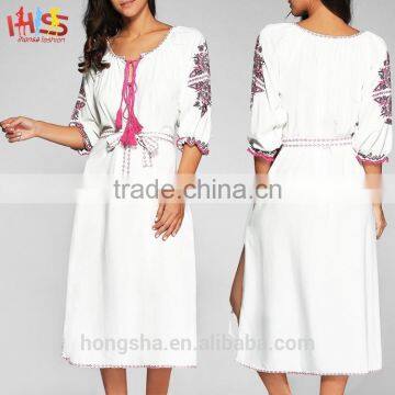 Belted Embroidered Midi Dress With Sleeves New Fashion Boho Clothing Long Sleeve Embroidery Midi Dress HSD7312