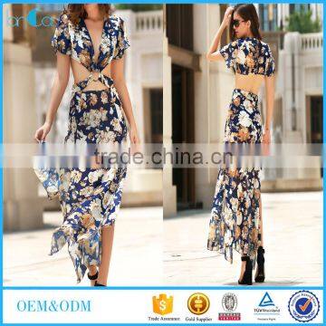 Women summer beach fashion maxi dress floral print women cuting long dress