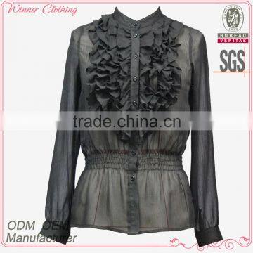 Good quality women black color fashion sheer chiffon blouse with ruffle