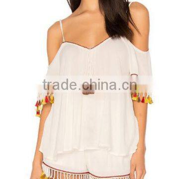 2017 2018 summer fringed off shoulder ladies tops and shorts sets