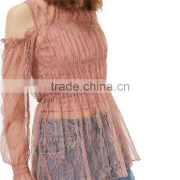 2017 OEM Spring Romantic Pink Lace Frill Strapless Women's Blouses photo-2
