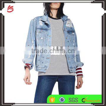 2017 New design distressed denim jacket washed jeans jacket for women