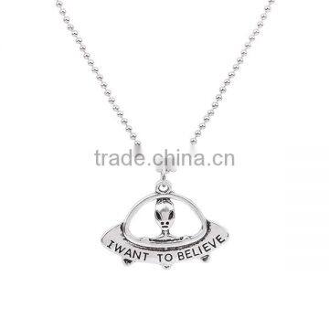 New Fashion Copper Necklace Alien Flying Saucer Antique Silver Message " I WANT TO BELIEVE " Carved 61.0cm Long