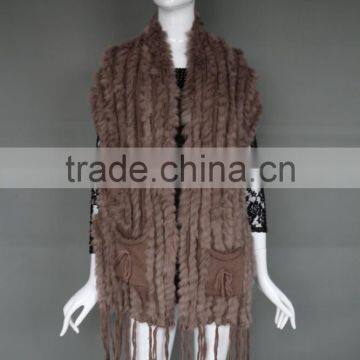 New Design Tassels Fur Vest With Pocket /Knitted Rabbit Fur Waistcoat