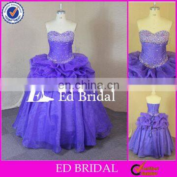 F213 Real Sample Crystal Beaded Bust Sweetheart Ruffled Organza Purple Western Quinceanera Dresses