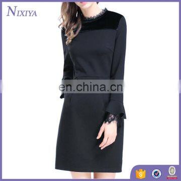 Black lace trumpet sleeves ladies day dress elegant office ladies dresses