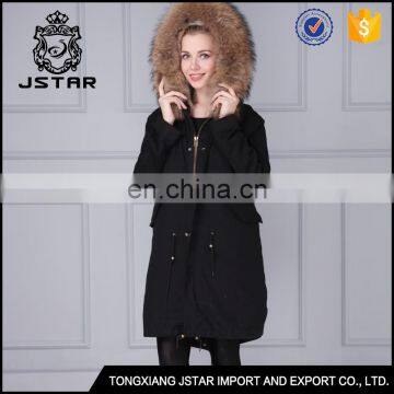 2017 high quality long fur collar jacket with hooded