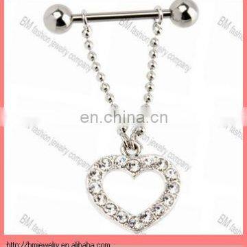 Crystalline Paved Gem Heart Dangle Nipple Shield body piercing jewelry rings in stainless steel