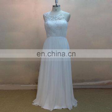 Terse style scoop neck see through back pleated applique lace silk chiffon wedding dress