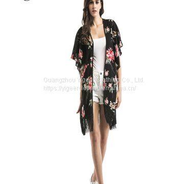 Floral Printed Fringing Hem Open Casual Chiffon Dress