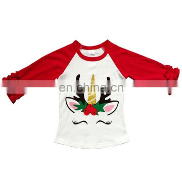 Christmas Baby Girls Red Lace T-shirt Unicorn Printed Red Cotton Long Sleeve Ruffle tshirt Shirt