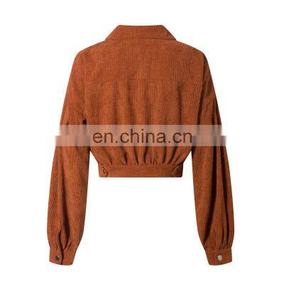 2020 loose solid color lantern sleeves waist short corduroy motorcycle jacket women