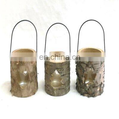 new design MDF wood antique bark ramadan lanterns candle holder with glass cup