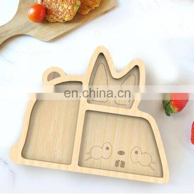 Animal rabbit bamboo eco friendly suction plate for kids border design bunny custom printing quality cutlery spoon feeding set