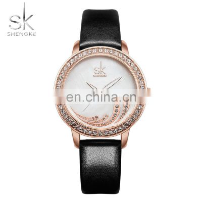 SHENGKE Luxury Diamond Lady Watch Dazzling Watches Pearl-shell Dial Leather Band Japan Quartz Customization logo OEM ODM