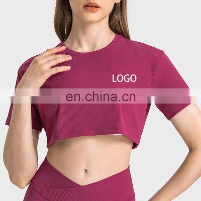 Wholesale Blank Custom Ribbed Breathable Fitness Sports Workout T-Shirt Crop Top Solid Color Gym Athletic Yoga Tee Shirts Women