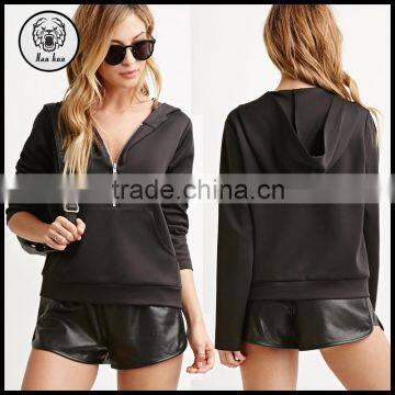 Ladies Short Zippered Stretch Knit Hoodies with Front Partial Zipper