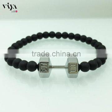 smart dumbbell gym men bracelet steel clasp with black beads etching engraving logo support with elastic string adjustable size