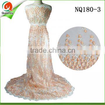 NQ180-3 beaded peach african lace fabrics embroidered design tulle lace french lace