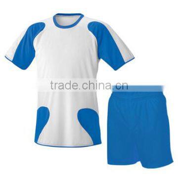Soccer Uniform, Shirt, Short made of 100% Polyester moisture wicking fabric in White & Royal color combination