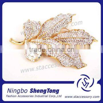 Engagement Big Crystal Gold Sparkling Leaf Brooch Clip