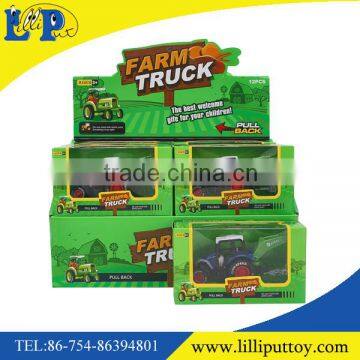 Pull back metal farmer truck toy with excavator