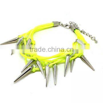 Multi Layered Silver Rivet Charms Neon Silk Cord Bracelet Europe Handmade Punk Style Bracelet