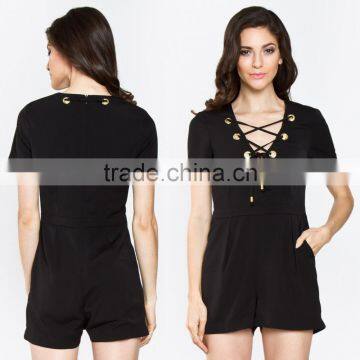 Made in China CUSTOM Wholesale Ladies Clothing Latest Design Fashion Women Black Short Sleeve Romper with Lace up Detail