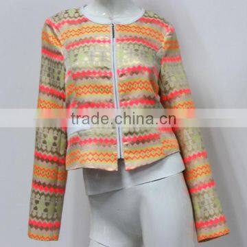 Bulk Wholesale Round Neck Jacquard Women Jacket With Gold Metal photo-3