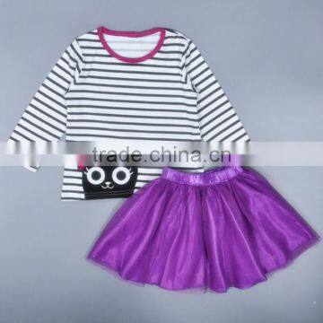 Cartoon kitty stripe long sleeve T-shirt and short skirt 2 piece set for 2-6 years