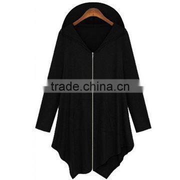 Cotton Trench Coat Women Autumn Winter Hoodied Overcoat Female Zipper Irregularity Cardigans Grey Black Color Plus Size photo-4