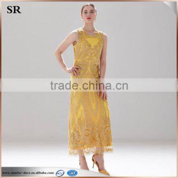 High Quality Fashion Lady's Party Evening Sleeveless Gold Lurex Lace Long Dress photo-2