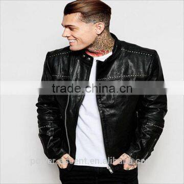 2016 Men's Leather Biker Jacket With Stud Details In Black