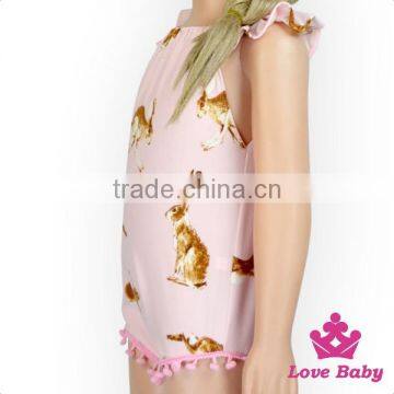 2LLY-097 Lovebaby Wholesale Rabbits Print Girls Easter Day Romper Stylish Pom Pom Jumpsuit Puffy Shoulder Jumpsuit For Kids photo-3